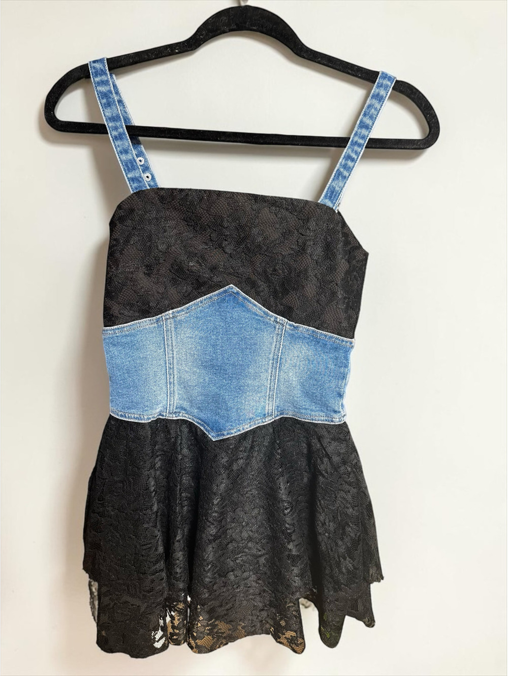 NWT $295 MSRP OW Collection Denim Lace Corset Mini Dress Black Size S